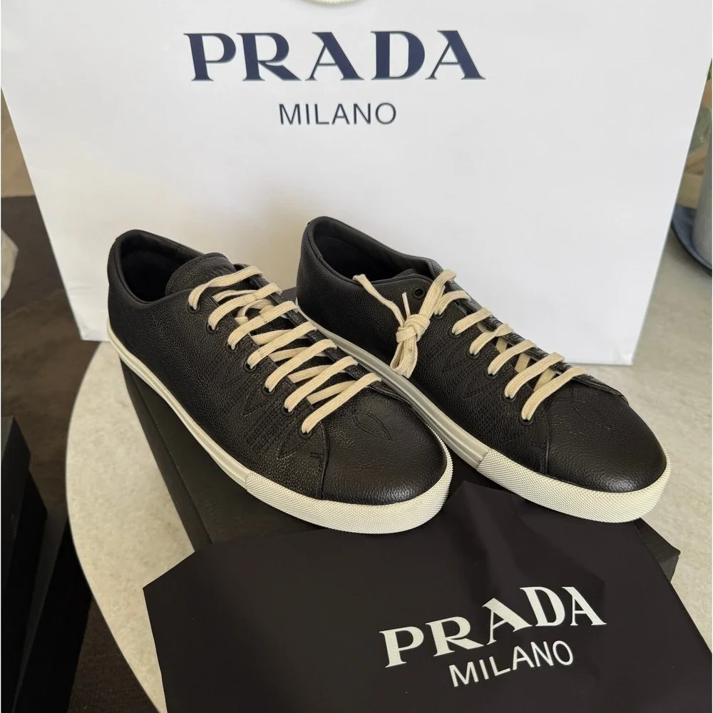 Prada 2EE448 Age Effect Men's Black Nappa Leather Sneakers Shoes, Size UK 8‎